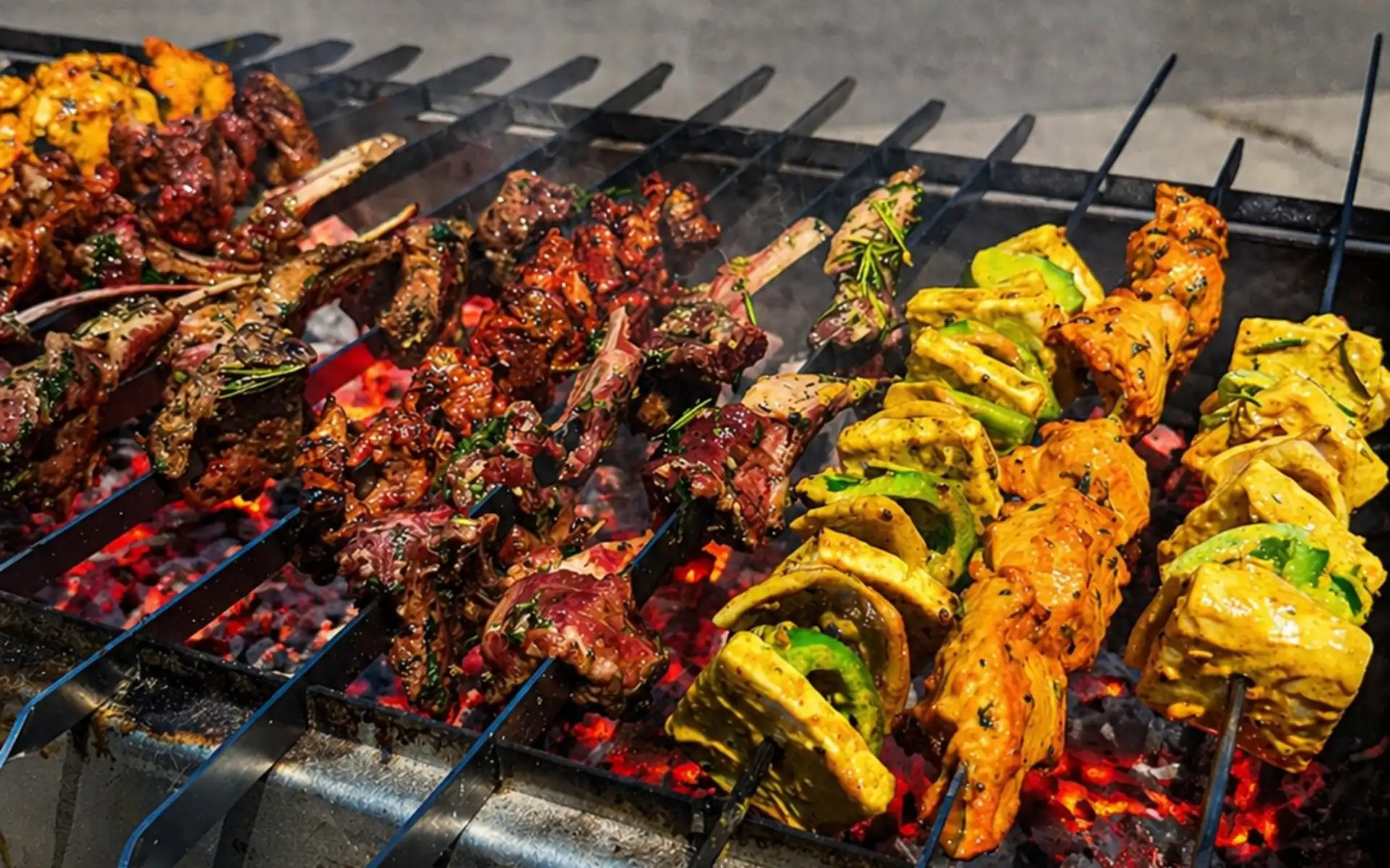 Indian BBQ skewers grilling over glowing coals