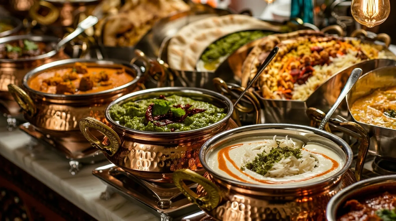 Indian buffet dishes presented in copper serving bowls