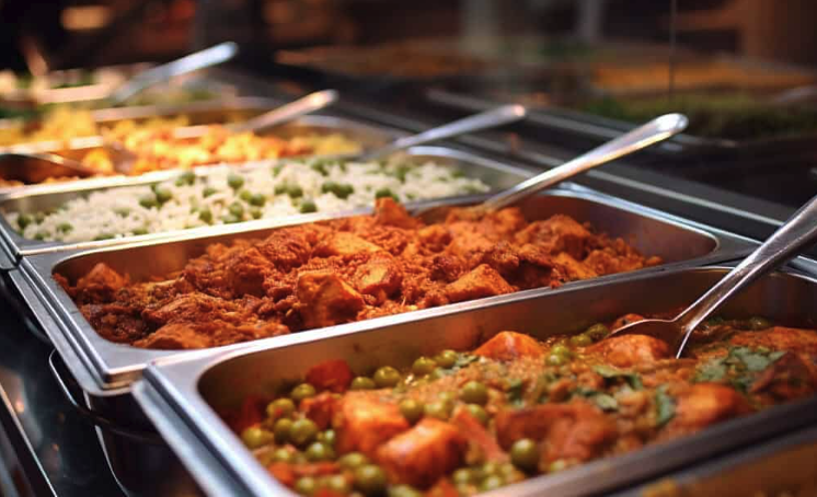 Steam-table trays filled with Indian curries, rice, and vegetables