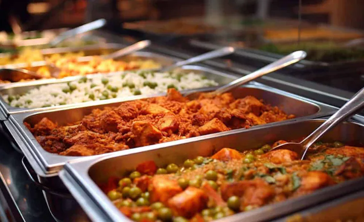 Steam-table trays filled with Indian curries, rice, and vegetables