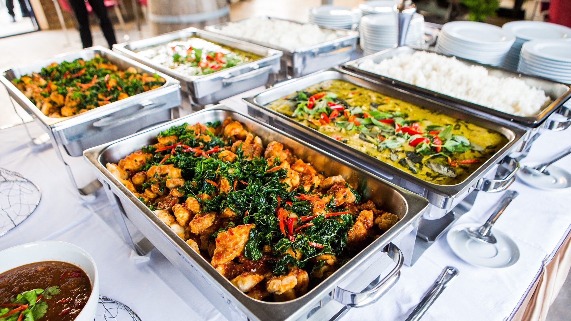 An event buffet line set for on-site catering service