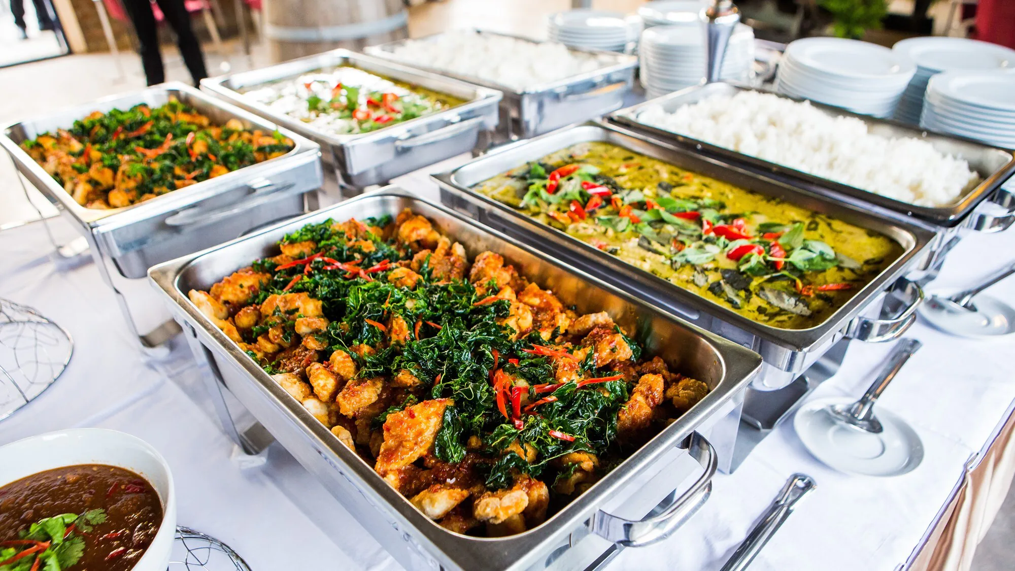 An event buffet line set for on-site catering service