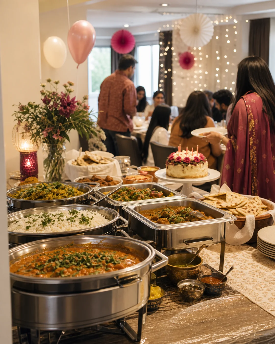 Indian birthday catering buffet with a small cake in a warm family gathering