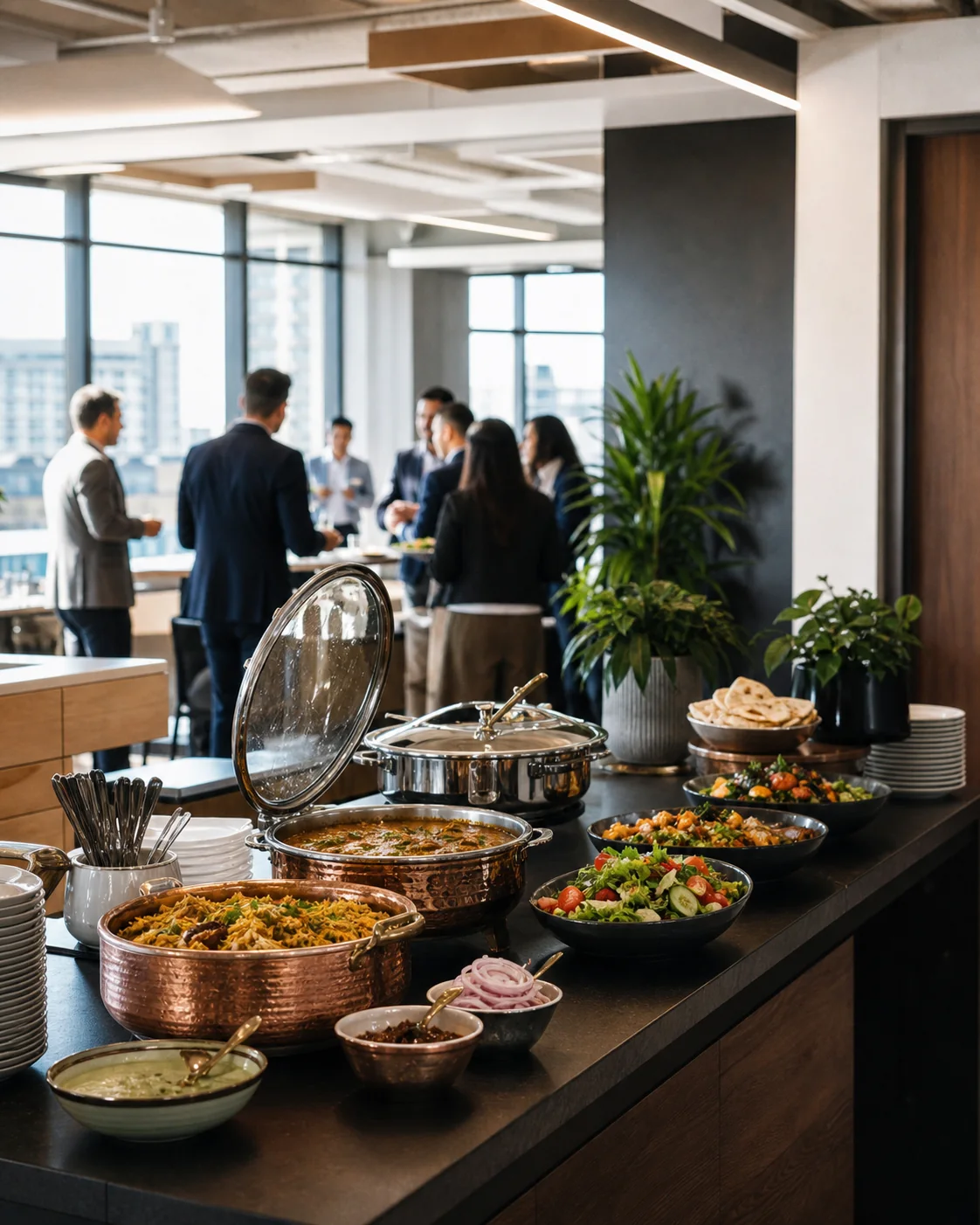 Indian corporate lunch buffet arranged in a bright modern office