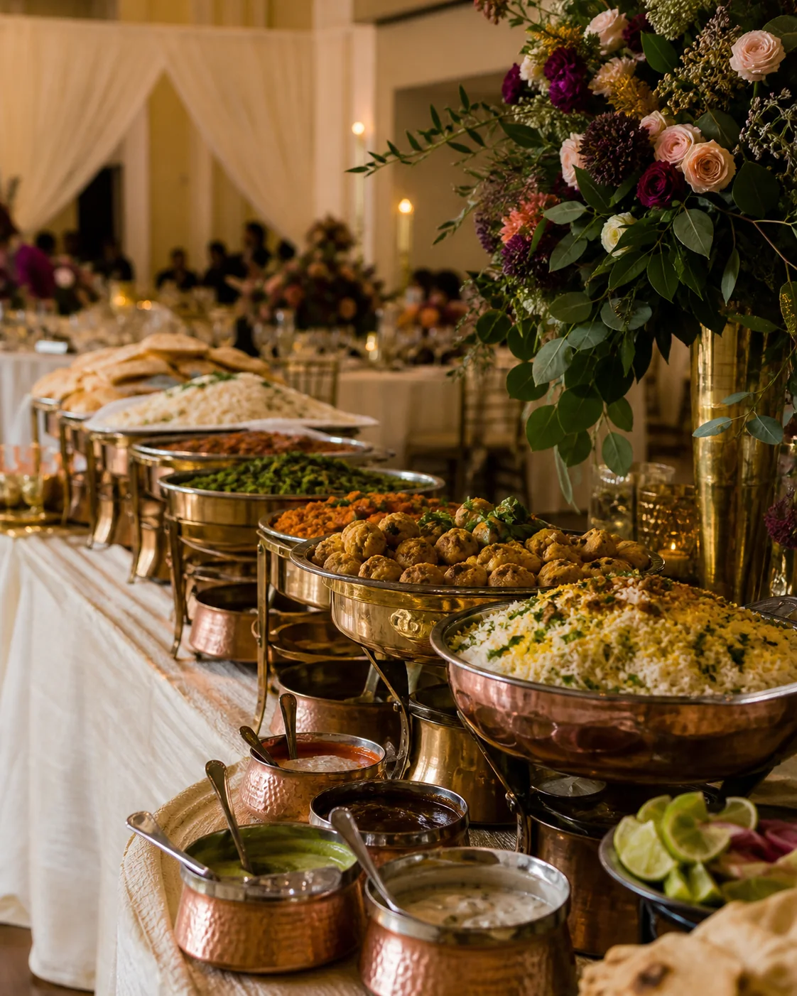 Indian wedding reception buffet arranged with copper serving dishes and warm floral decor