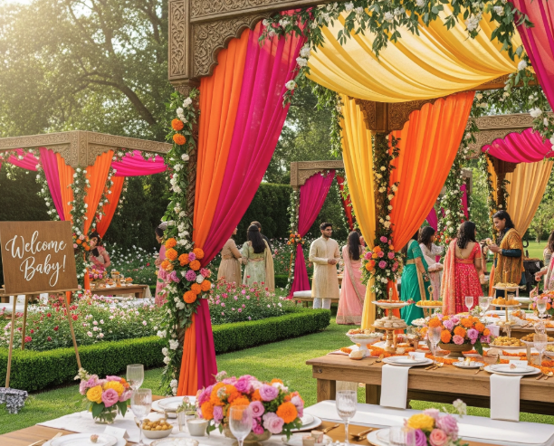 A decorated outdoor baby shower with colourful canopy draping, floral tables, and guests gathered in the garden