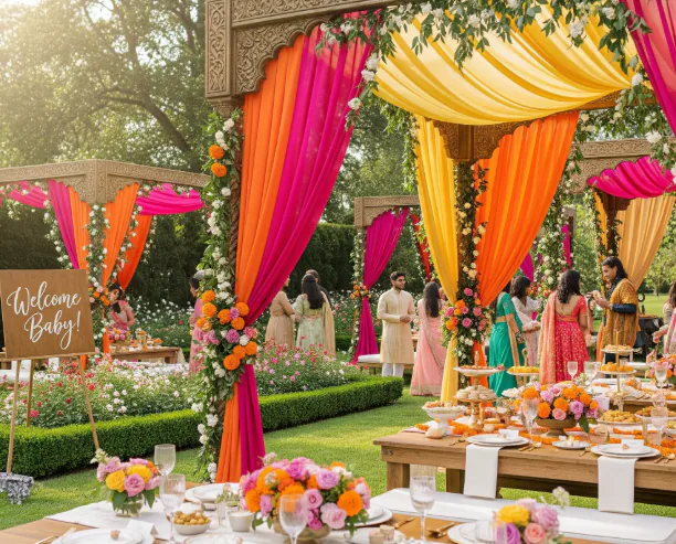 A decorated outdoor baby shower with colourful canopy draping, floral tables, and guests gathered in the garden