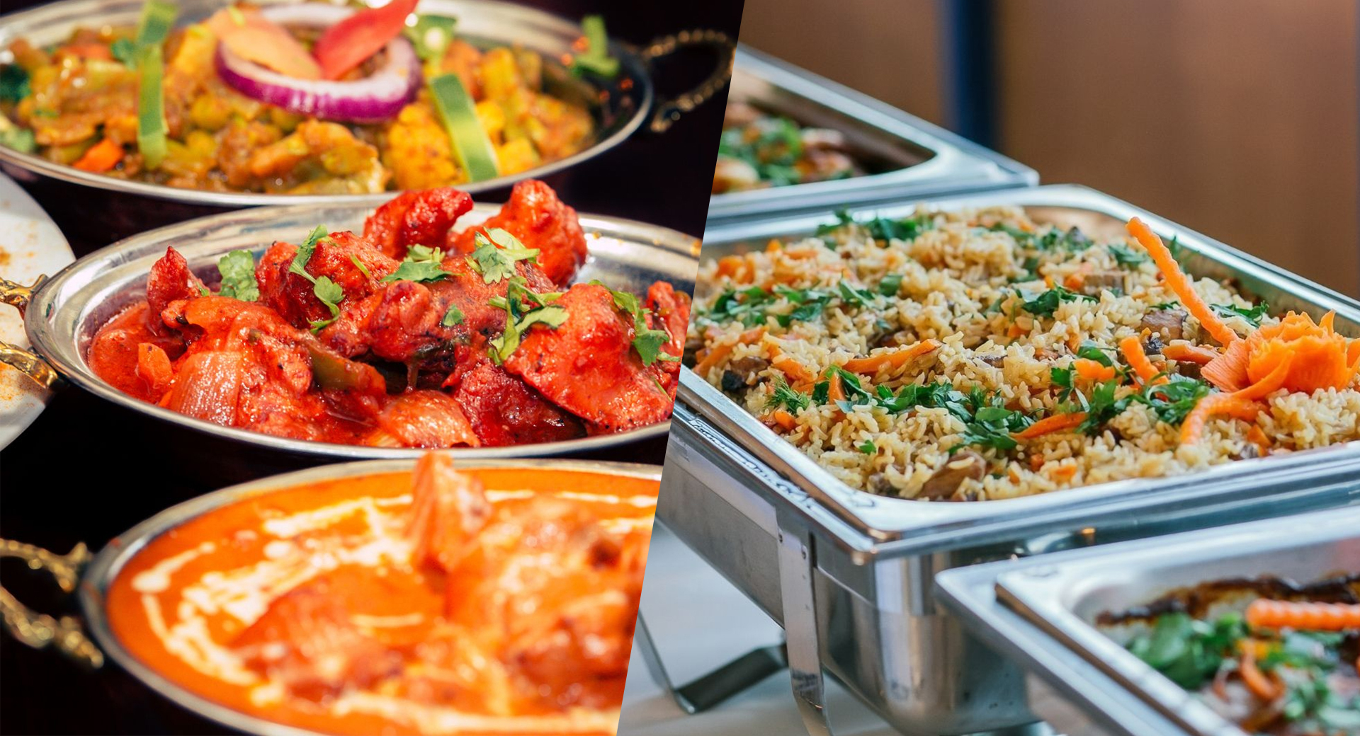 A festive buffet collage showing curry trays, tandoori dishes, and rice prepared for service