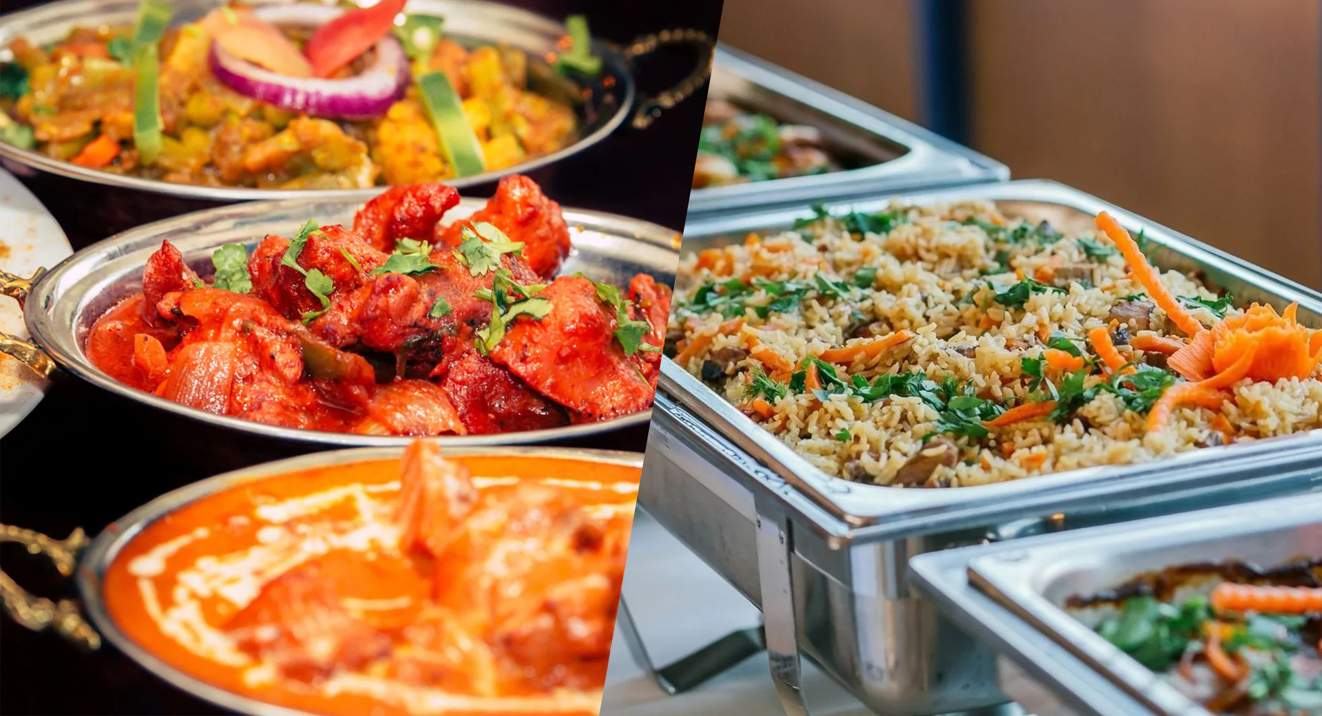 A festive buffet collage showing curry trays, tandoori dishes, and rice prepared for service