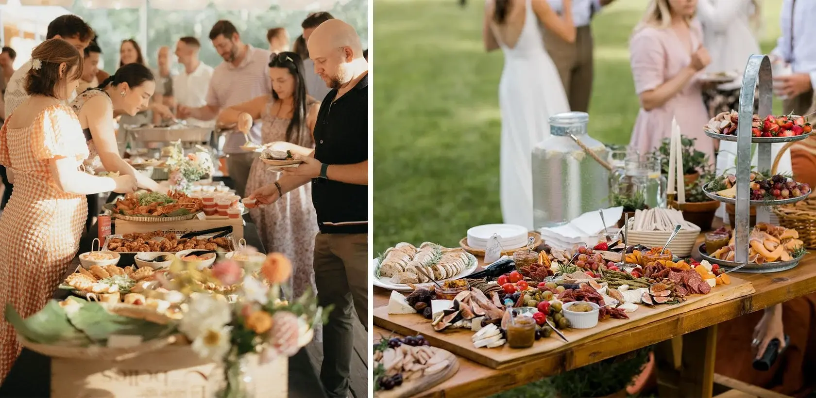 Guests moving through an outdoor grazing and buffet table with fruit, charcuterie boards, and passed bites during a milestone celebration