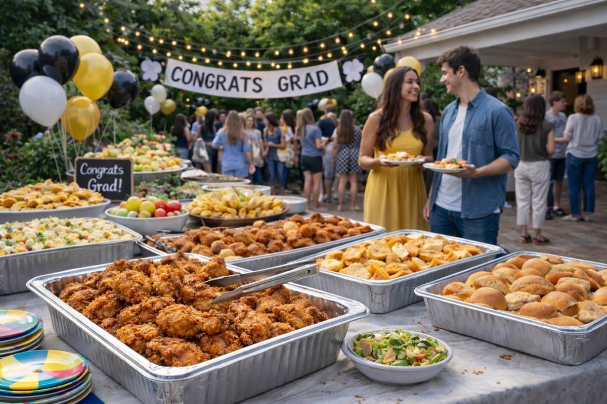 A backyard graduation buffet table with trays of party food, balloons, string lights, and guests mingling behind it