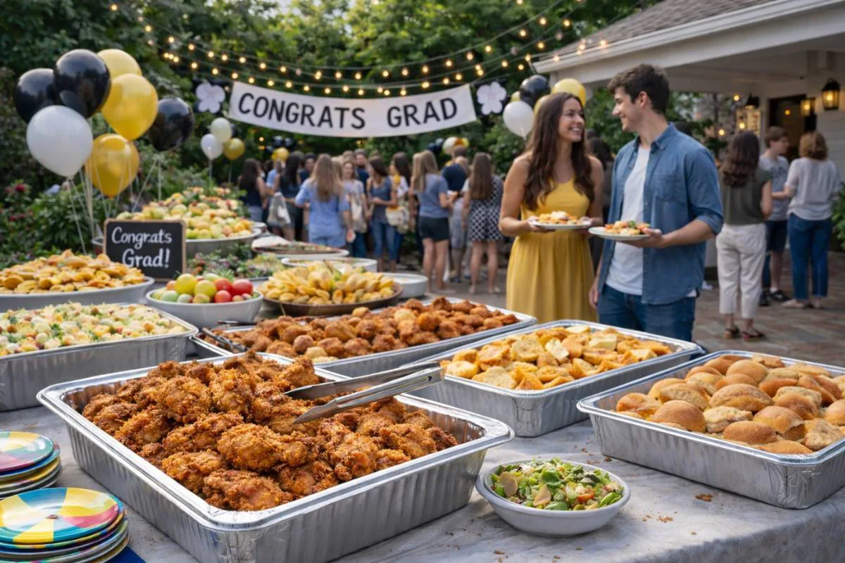 A backyard graduation buffet table with trays of party food, balloons, string lights, and guests mingling behind it