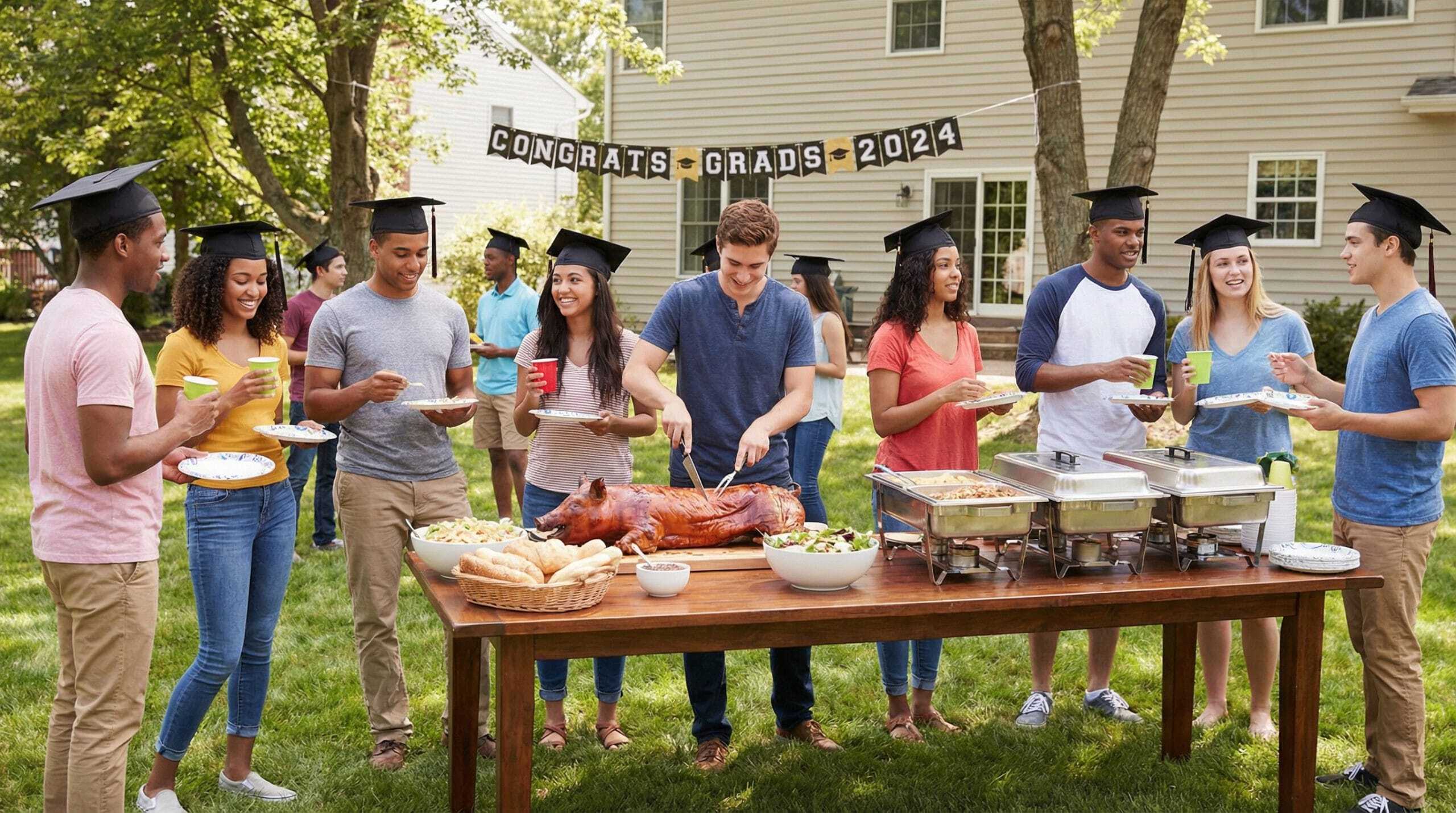 Graduation guests gathered around an open-house buffet table in a backyard beneath a Congrats Grads banner