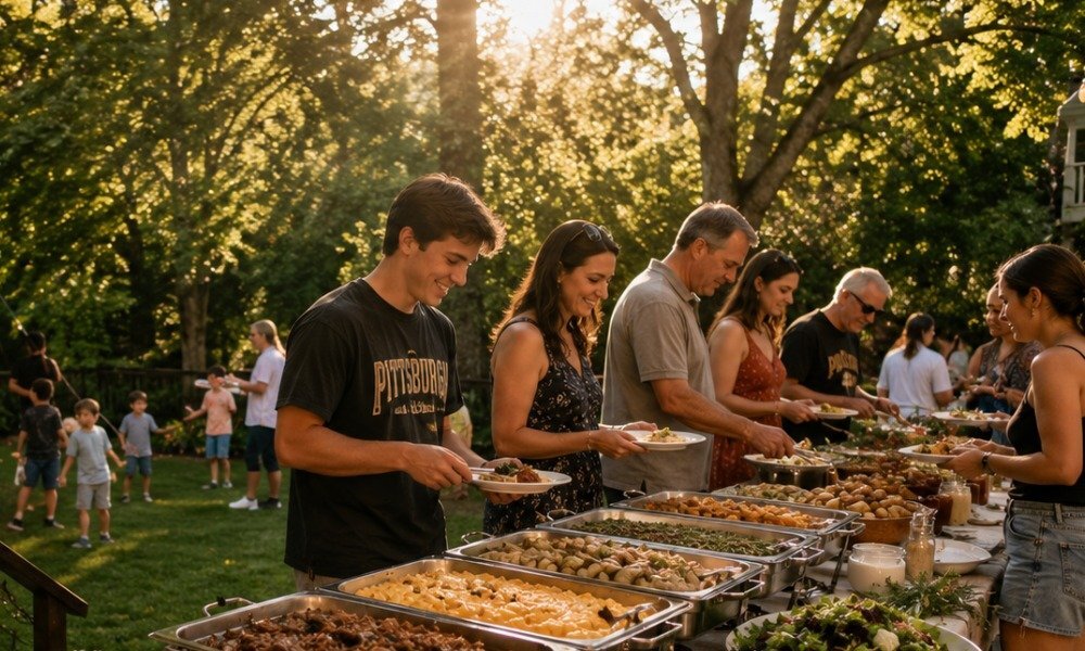 Family and friends moving through a long buffet line at a graduation party during golden hour