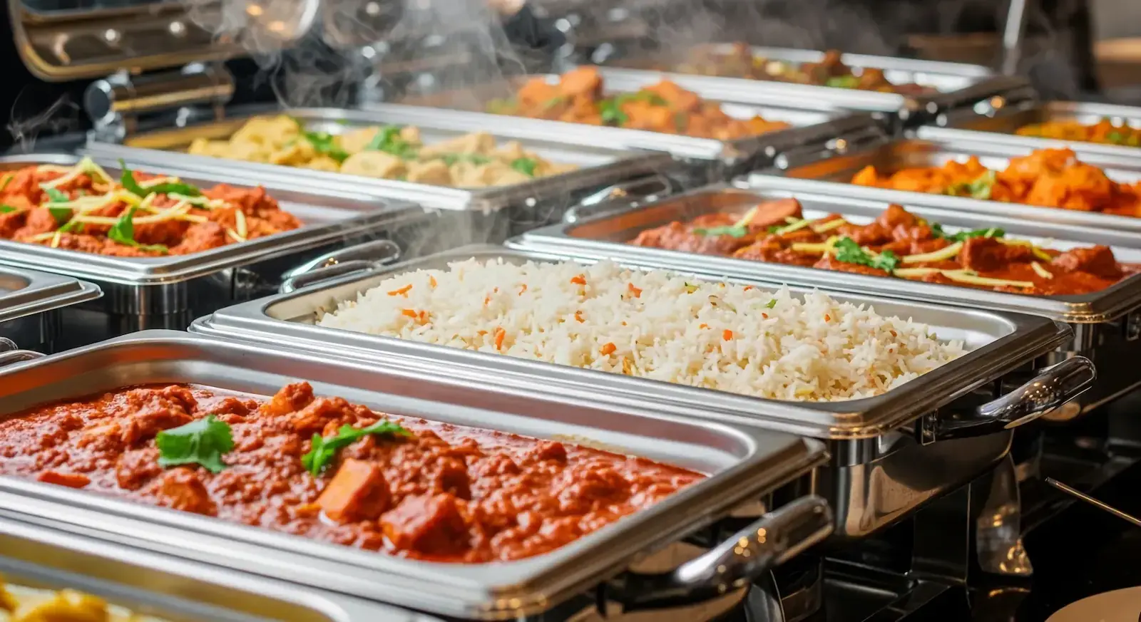 A steaming chafer buffet line with rice, curries, and hot sides prepared for a catered office lunch service
