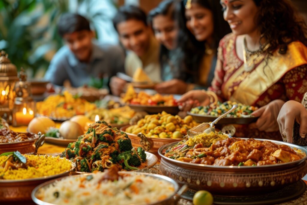 Guests sharing an Indian feast around a warmly lit celebration table with copper serving dishes